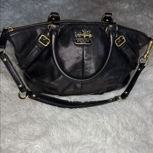 Vintage Coach Black Leather Satchel with Gold Accents